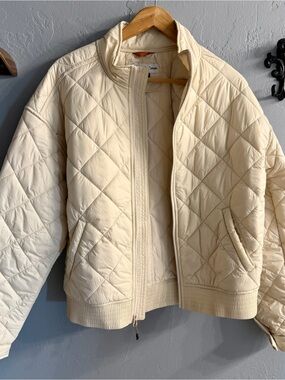 Cream Quilted Puffer Jacket with Stand Collar